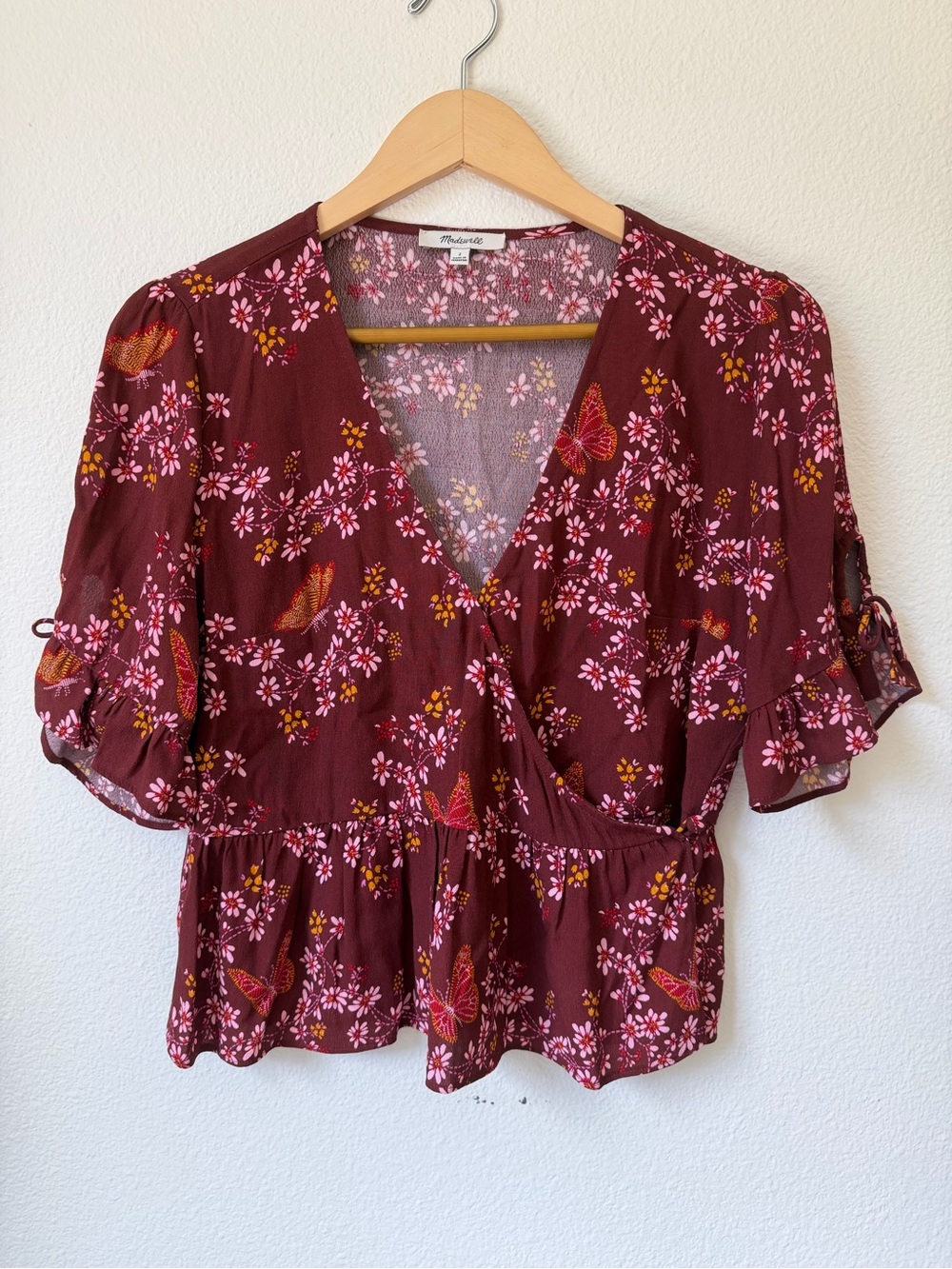 Madewell Floral Wrap Peplum Blouse Burgundy Butterfly Print Size S